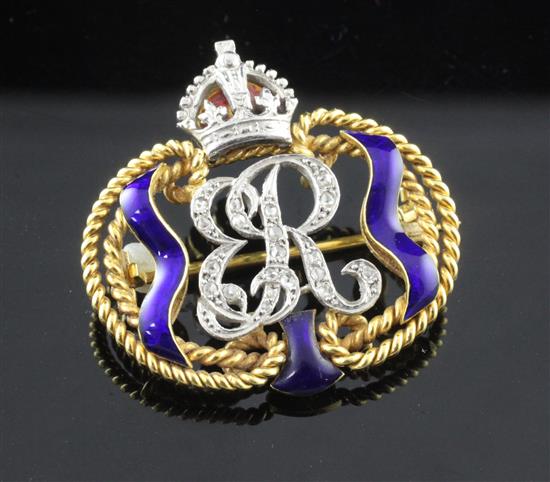 A 1960s 18ct gold, rose cut diamond and two colour enamel brooch with ER monogram below a coronet, 1.25in.